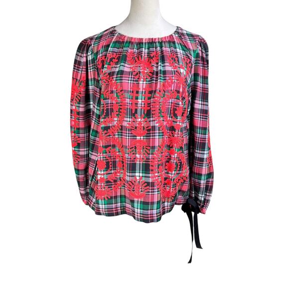 Ivy Jane Pink Green Plaid Floral Embroidered Stretchy Flowy Cotton Top - Picture 1 of 12